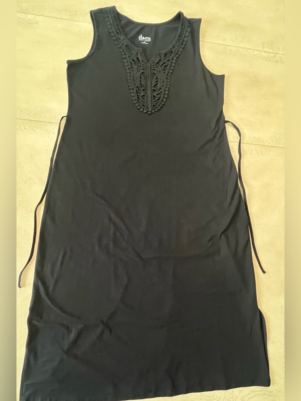 Black Sleeveless Denim & Co 95% Cotton Boho Maxi Dress Crochet V-Neck Large P